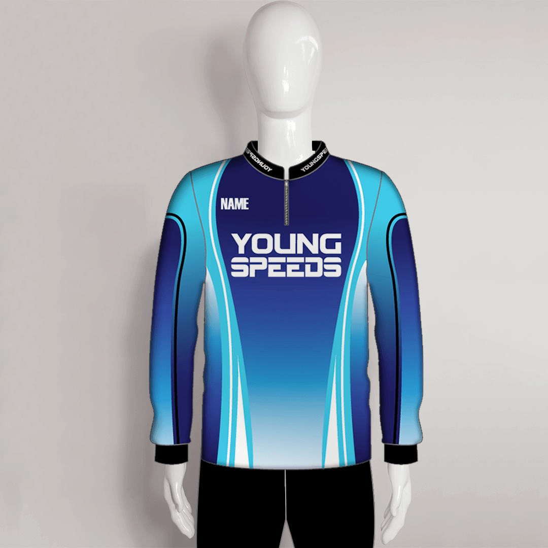 Blue Sublimated Custom Cool Fishing Shirts 1/4 Zip | YoungSpeeds Crew Neck