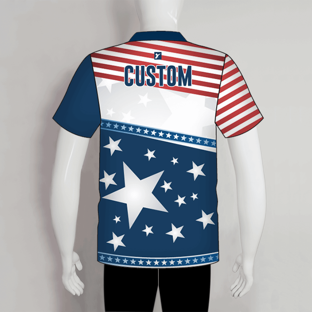 Custom Name Bowling Shirts For Women American Flag Patriotic Bowling Ball &  Pins White Womens Polo Shirts