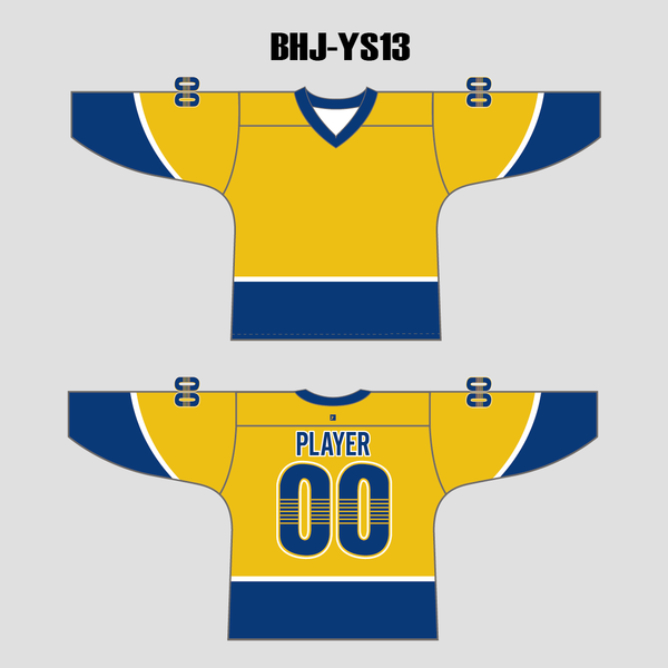 YS13 Gold Blue Sublimated Custom Ice Roller Hockey Jerseys - YoungSpeeds