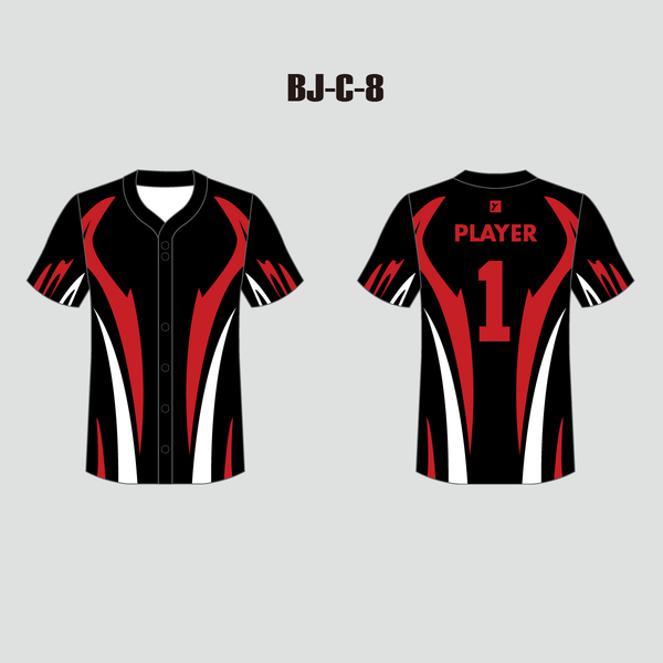 C8 Sublimated Black Red and White Full Button Custom Baseball Jerseys - YoungSpeeds