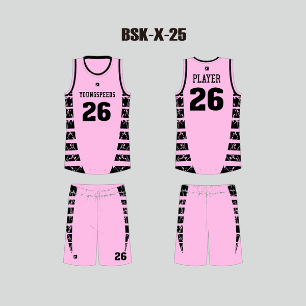 BSKX25 Pink Black Sublimated Custom Team Basketball Jerseys Shorts - YoungSpeeds