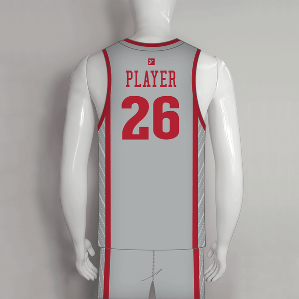 BSKX18 Gray Stripe Red Sublimated Custom Basketball Uniforms - YoungSpeeds