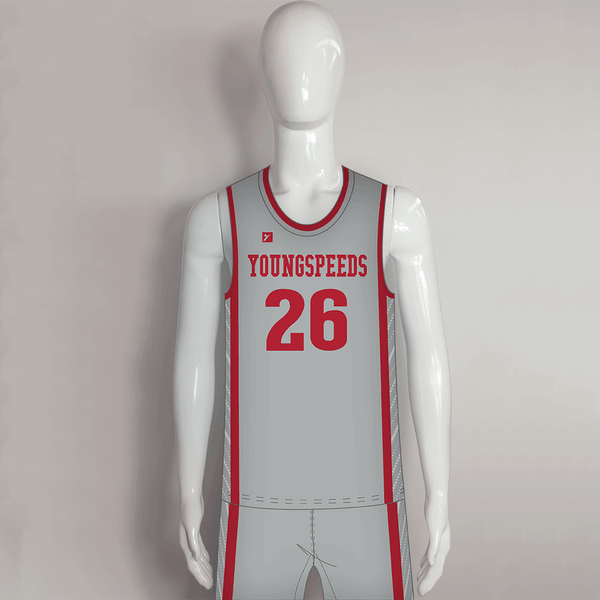 BSKX18 Gray Stripe Red Sublimated Custom Basketball Uniforms - YoungSpeeds