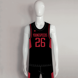 BSKX23 Black Red Custom Sublimated Basketball Uniforms - YoungSpeeds