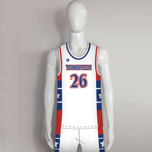 BSKX28 White Red Blue Custom Sublimated Basketball Uniform Packages - YoungSpeeds