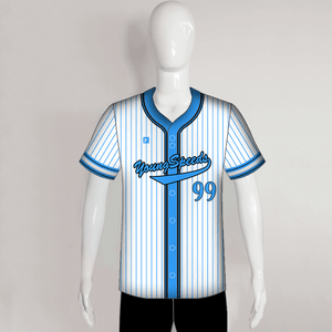 C17 Custom Blue Pinstripe White Button Down Baseball Jerseys - YoungSpeeds