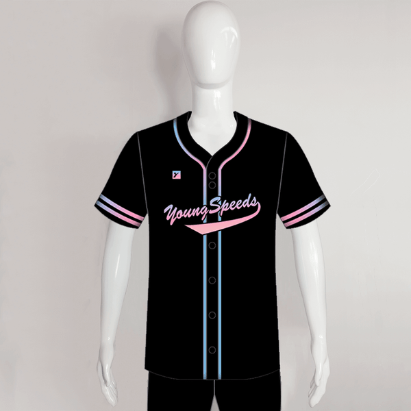 C29 Sublimated Custom Black and Pink Full Button Baseball Jerseys - YoungSpeeds