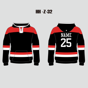 Black Red Sublimated Custom Hockey Hooded Sweatshirts - YoungSpeeds