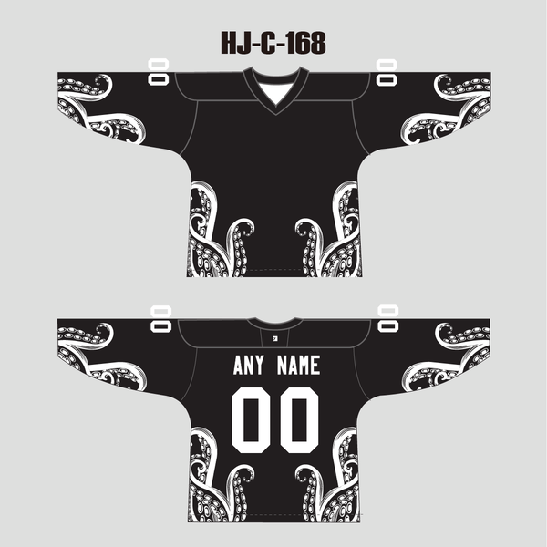 HJC168 Black and White Kraken Sublimated Custom Made Hockey Jerseys - YoungSpeeds