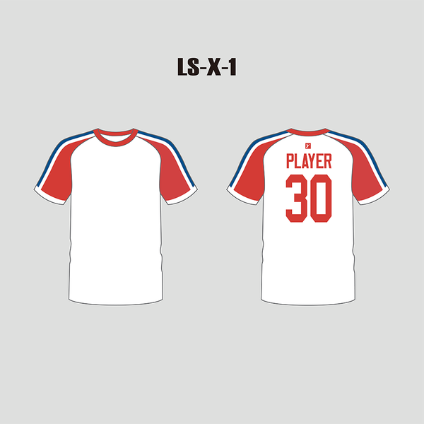 X1 White Red and Blue Custom Lacrosse Shooting Shirts - YoungSpeeds