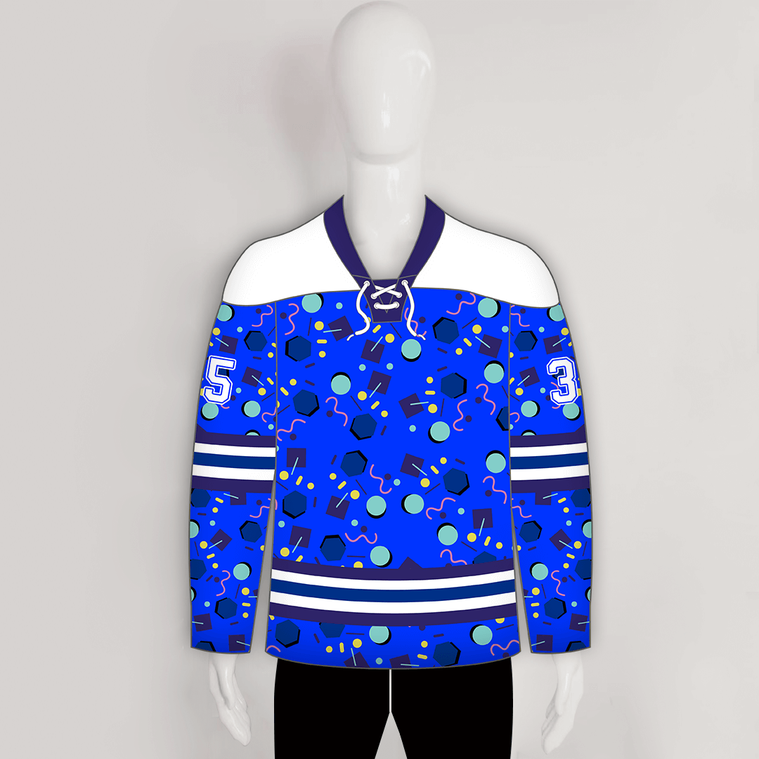 HJX2 Geometric Shapes Pattern Royal Blue Custom Hockey Jerseys with Laces - YoungSpeeds
