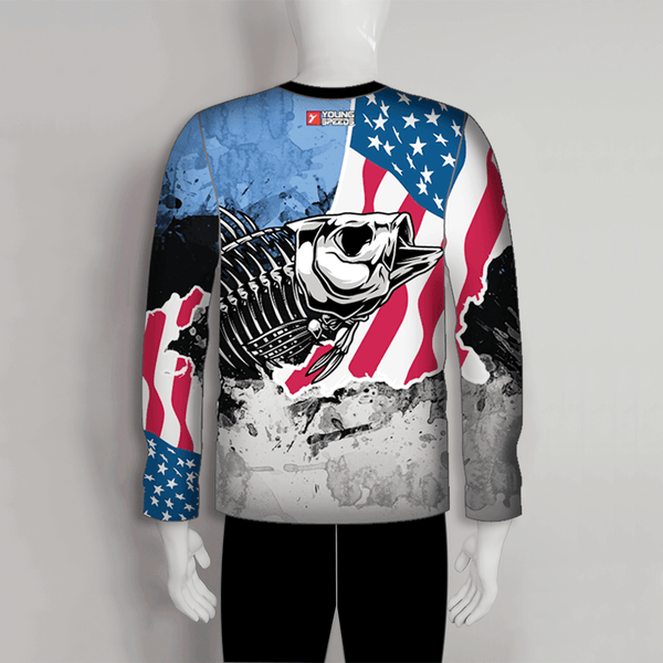 FJZ50 Fish Skeleton American Flag Custom Cool Fishing Shirts Crew Neck - YoungSpeeds