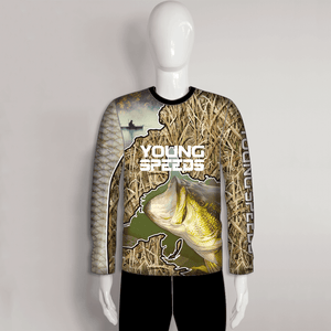 FJZ52 Spliced Reeds and Largemouth Bass Custom Crew Fishing Shirts - YoungSpeeds