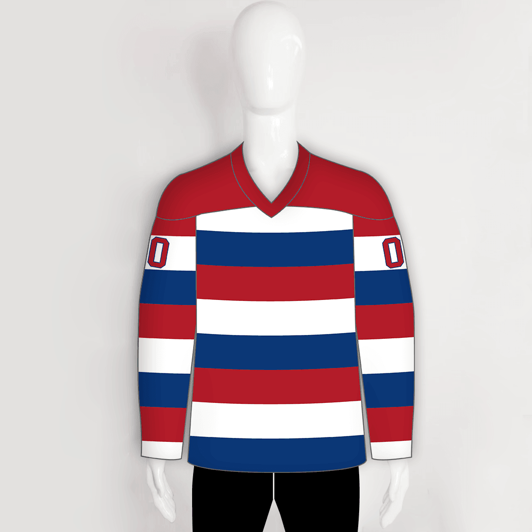 HJZ57 Red Blue and White Stripe Sublimated Custom Hockey Jerseys - YoungSpeeds