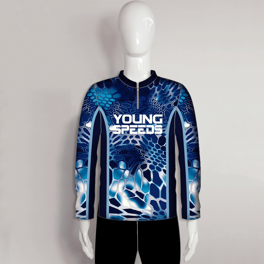 FJZ69 Blue Hex Camo Dark Performance Custom Fishing Shirts - YoungSpeeds