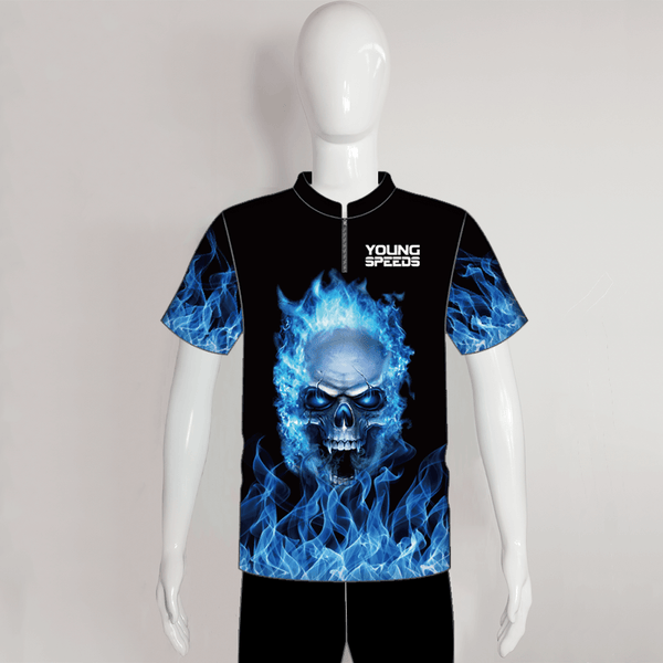 DSX2 Blue Fire Burning Skull Sublimated Custom Dart Shirts - YoungSpeeds