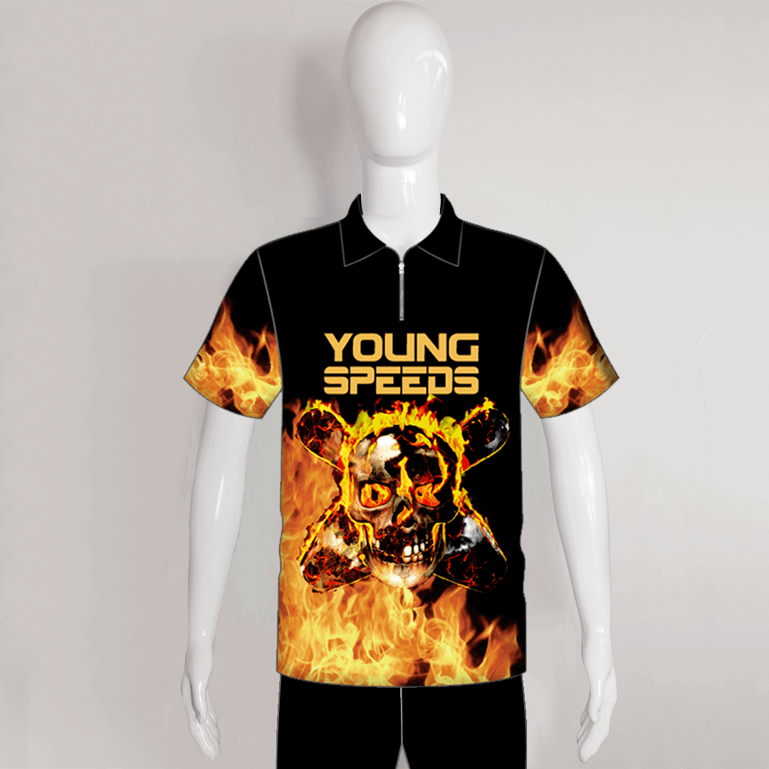 BJZ4 Flame Skull & Bowling Pins Sublimated Custom Bowling Jerseys - YoungSpeeds